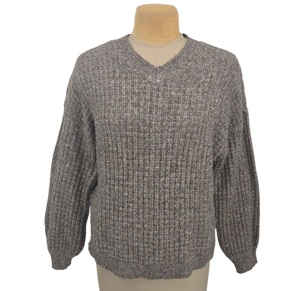 Democracy V-Neck Sweater Womens L Gray Ribbed Knit Pullover Casual Lightweight